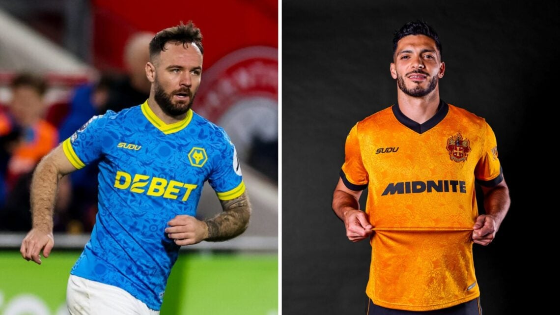 Adam Armstrong playing for Wolves (left), Raul Jimenez posing in a Wolves shirt (right)