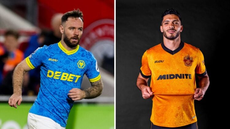 Adam Armstrong playing for Wolves (left), Raul Jimenez posing in a Wolves shirt (right)