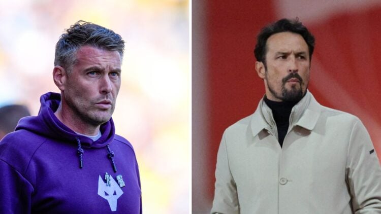 Rob Edwards managing Wolves (left), Cesar Peixoto managing Gil Vicente (right)